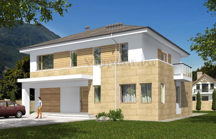 Двухэтажный дом с гаражом, террасой и балконом